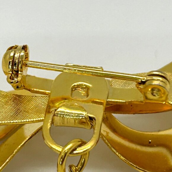 Gold-tone Bow Brooch Dangling Green Malachite Heart Pendant Sweetheart Valentine - Picture 15 of 16